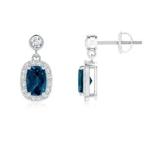 6x4mm AAAA Cushion London Blue Topaz Dangle Earrings with Diamond Halo in P950 Platinum