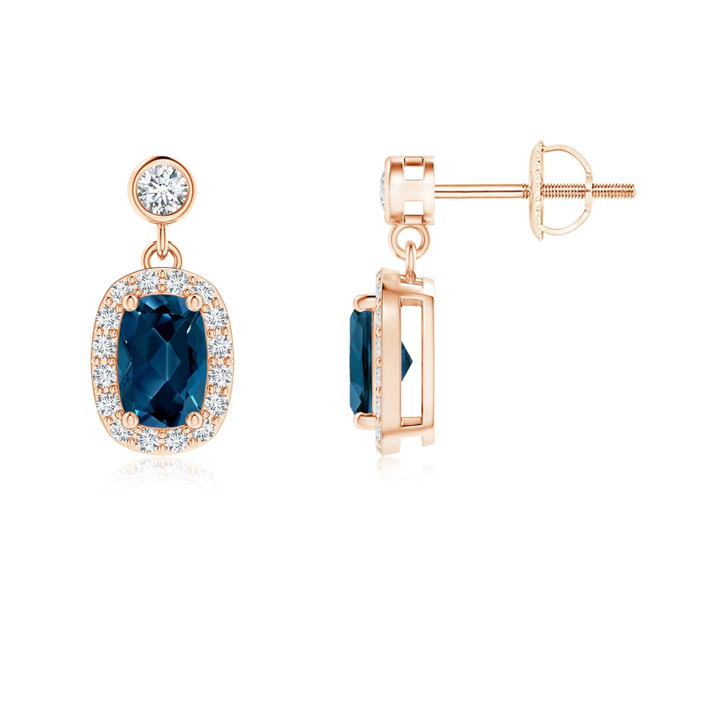 6x4mm AAAA Cushion London Blue Topaz Dangle Earrings with Diamond Halo in Rose Gold