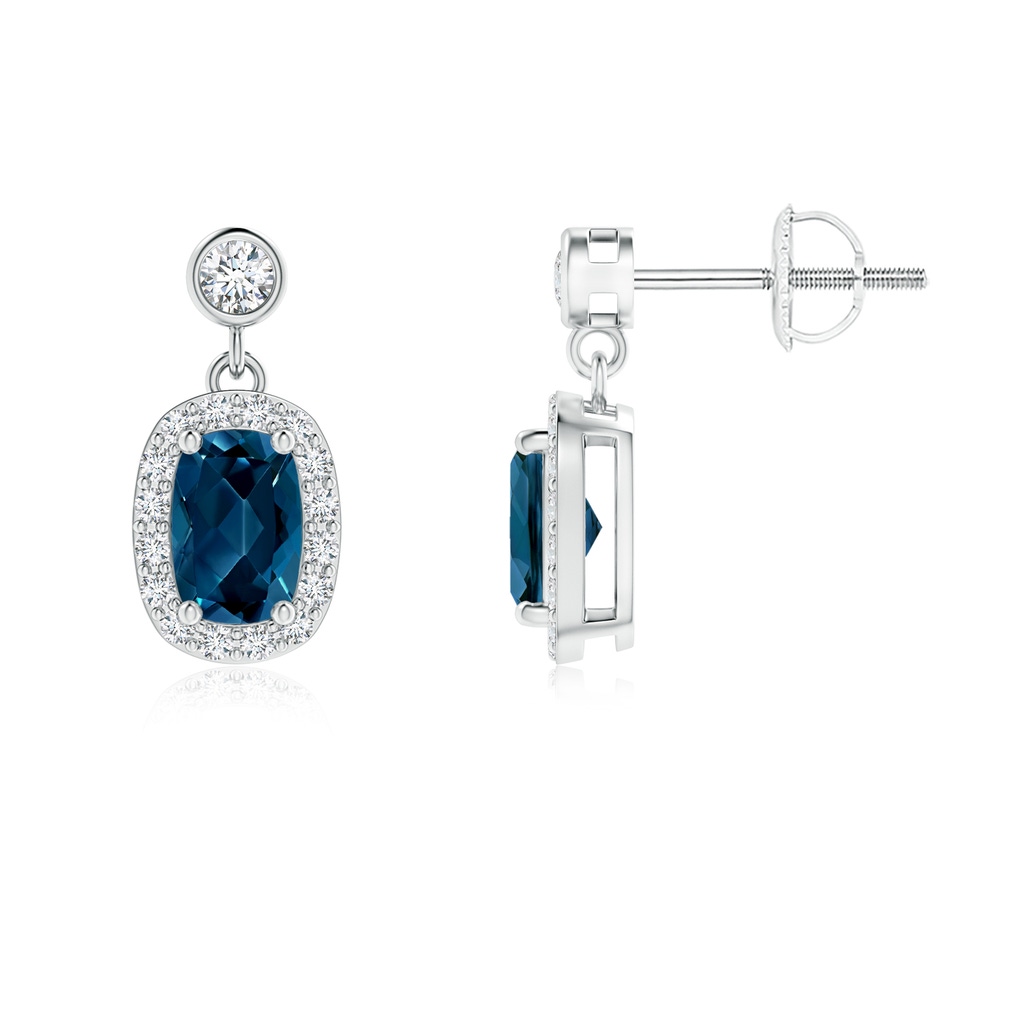 6x4mm AAAA Cushion London Blue Topaz Dangle Earrings with Diamond Halo in White Gold