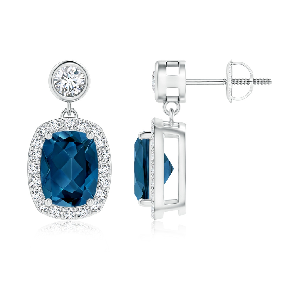 8x6mm AAA Cushion London Blue Topaz Dangle Earrings with Diamond Halo in White Gold