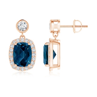 8x6mm AAAA Cushion London Blue Topaz Dangle Earrings with Diamond Halo in Rose Gold