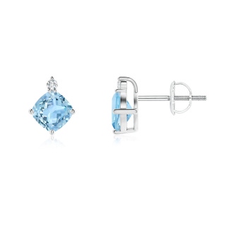 5mm AAA Sideways Cushion Aquamarine Studs with Diamond Accent in White Gold