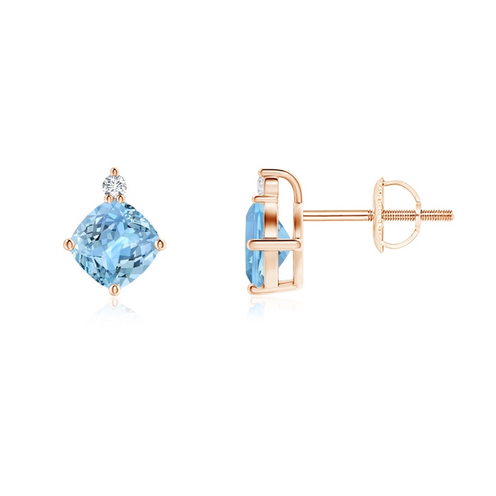 5mm AAAA Sideways Cushion Aquamarine Studs with Diamond Accent in Rose Gold