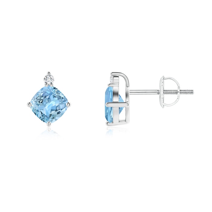 5mm AAAA Sideways Cushion Aquamarine Studs with Diamond Accent in White Gold