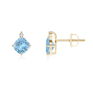 5mm AAAA Sideways Cushion Aquamarine Studs with Diamond Accent in Yellow Gold