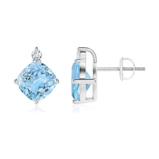 7mm AAAA Sideways Cushion Aquamarine Studs with Diamond Accent in White Gold