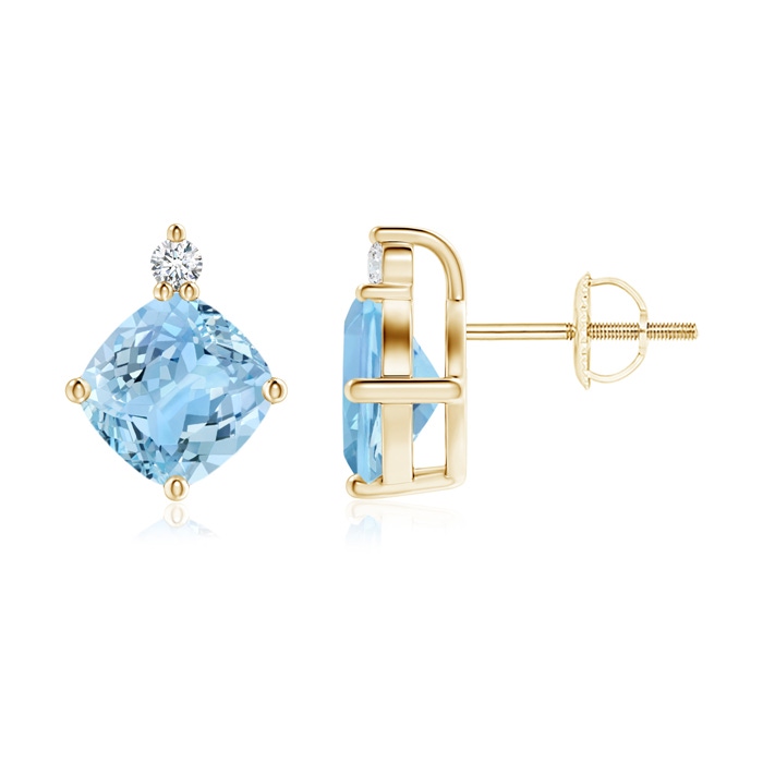 7mm AAAA Sideways Cushion Aquamarine Studs with Diamond Accent in Yellow Gold