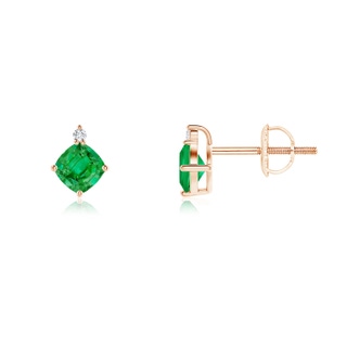 4mm AAA Sideways Cushion Emerald Studs with Diamond Accent in Rose Gold