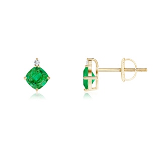 4mm AAA Sideways Cushion Emerald Studs with Diamond Accent in Yellow Gold