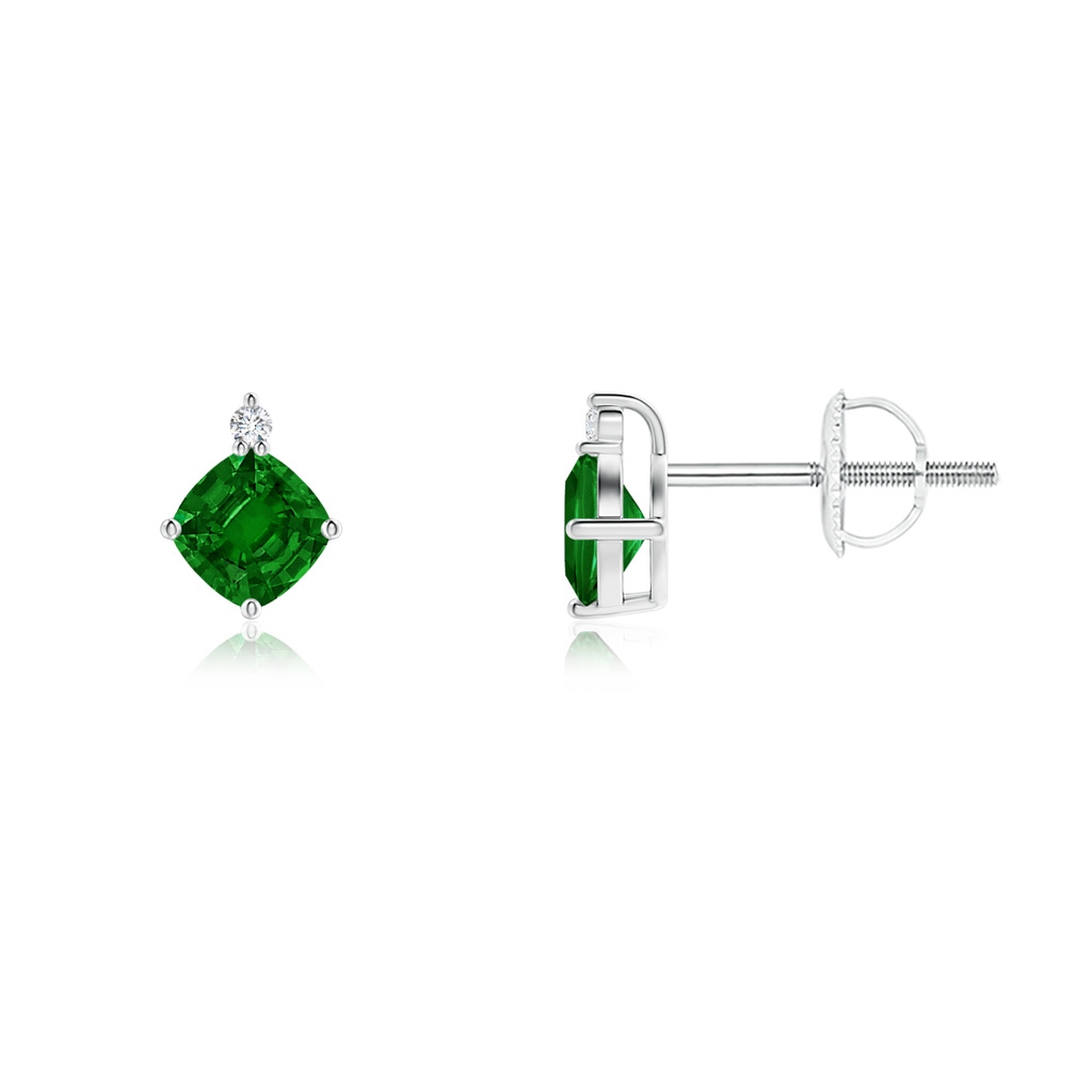4mm AAAA Sideways Cushion Emerald Studs with Diamond Accent in White Gold