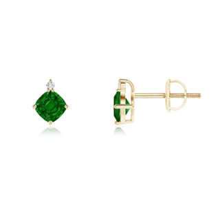 4mm AAAA Sideways Cushion Emerald Studs with Diamond Accent in Yellow Gold