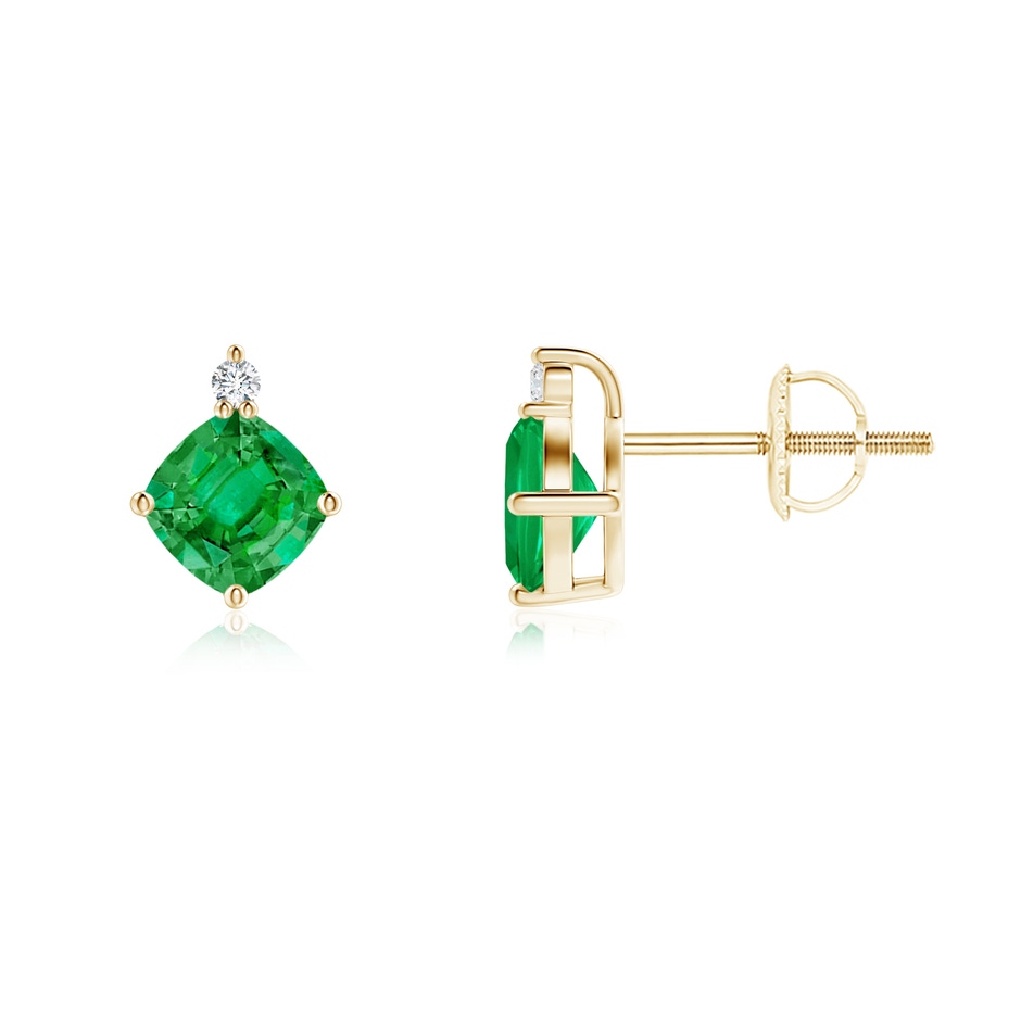 5mm AAA Sideways Cushion Emerald Studs with Diamond Accent in Yellow Gold 