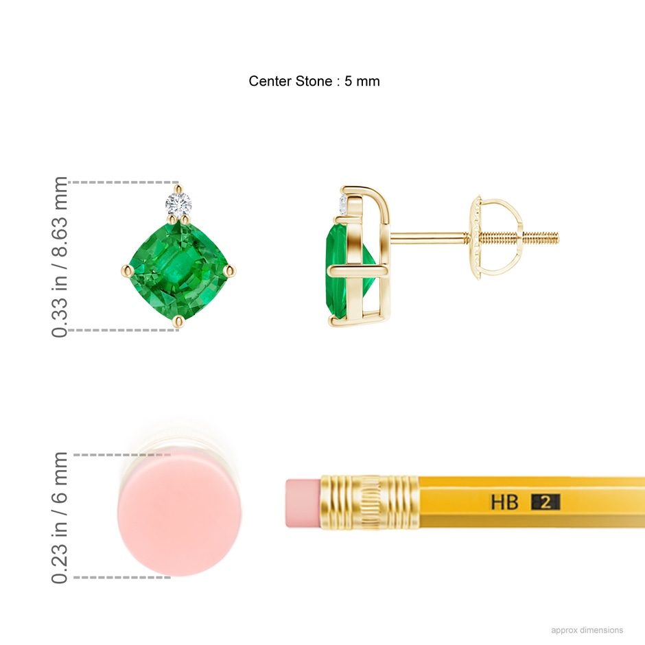 5mm AAA Sideways Cushion Emerald Studs with Diamond Accent in Yellow Gold ruler