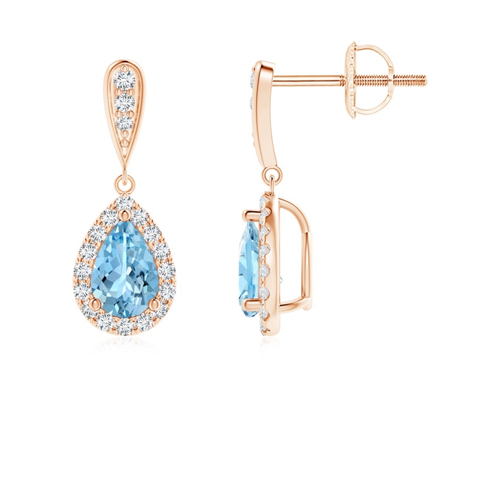 6x4mm AAAA Pear Aquamarine Dangle Earrings with Diamond Halo in Rose Gold