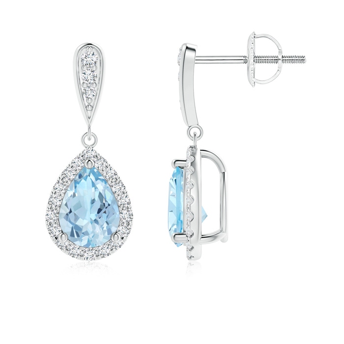 7x5mm AAA Pear Aquamarine Dangle Earrings with Diamond Halo in White Gold