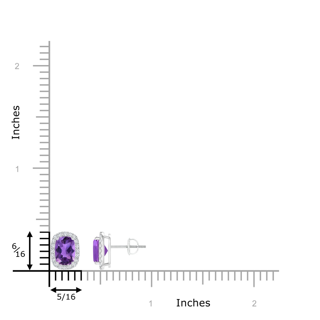 7x5mm AAA Cushion Amethyst Stud Earrings with Diamond Halo in White Gold Ruler