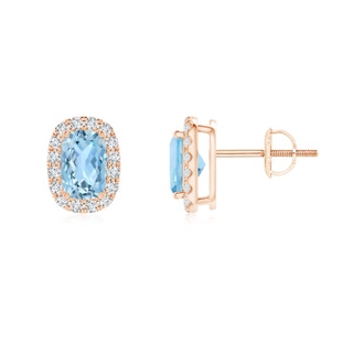 6x4mm AAA Cushion Aquamarine Stud Earrings with Diamond Halo in Rose Gold