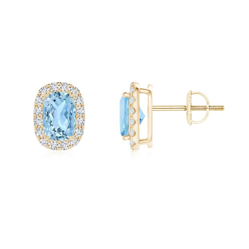 6x4mm AAA Cushion Aquamarine Stud Earrings with Diamond Halo in Yellow Gold