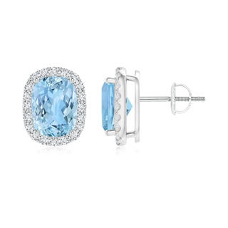 8x6mm AAAA Cushion Aquamarine Stud Earrings with Diamond Halo in P950 Platinum