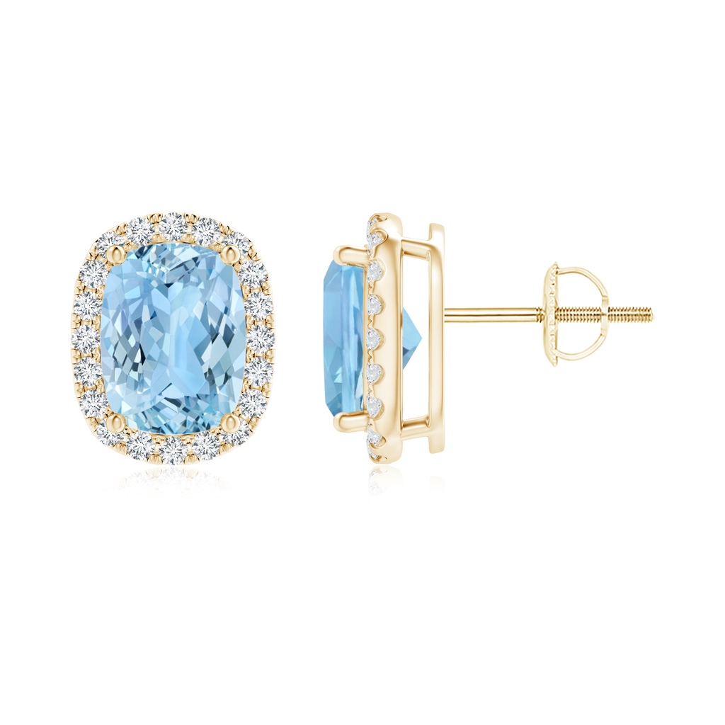 8x6mm AAAA Cushion Aquamarine Stud Earrings with Diamond Halo in Yellow Gold 