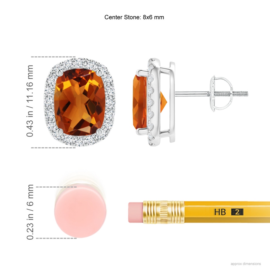 8x6mm AAAA Cushion Citrine Stud Earrings with Diamond Halo in White Gold ruler