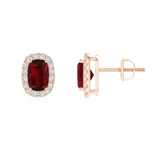 6x4mm AAA Cushion Garnet Stud Earrings with Diamond Halo in Rose Gold