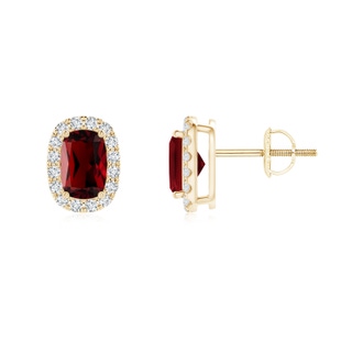 6x4mm AAAA Cushion Garnet Stud Earrings with Diamond Halo in Yellow Gold