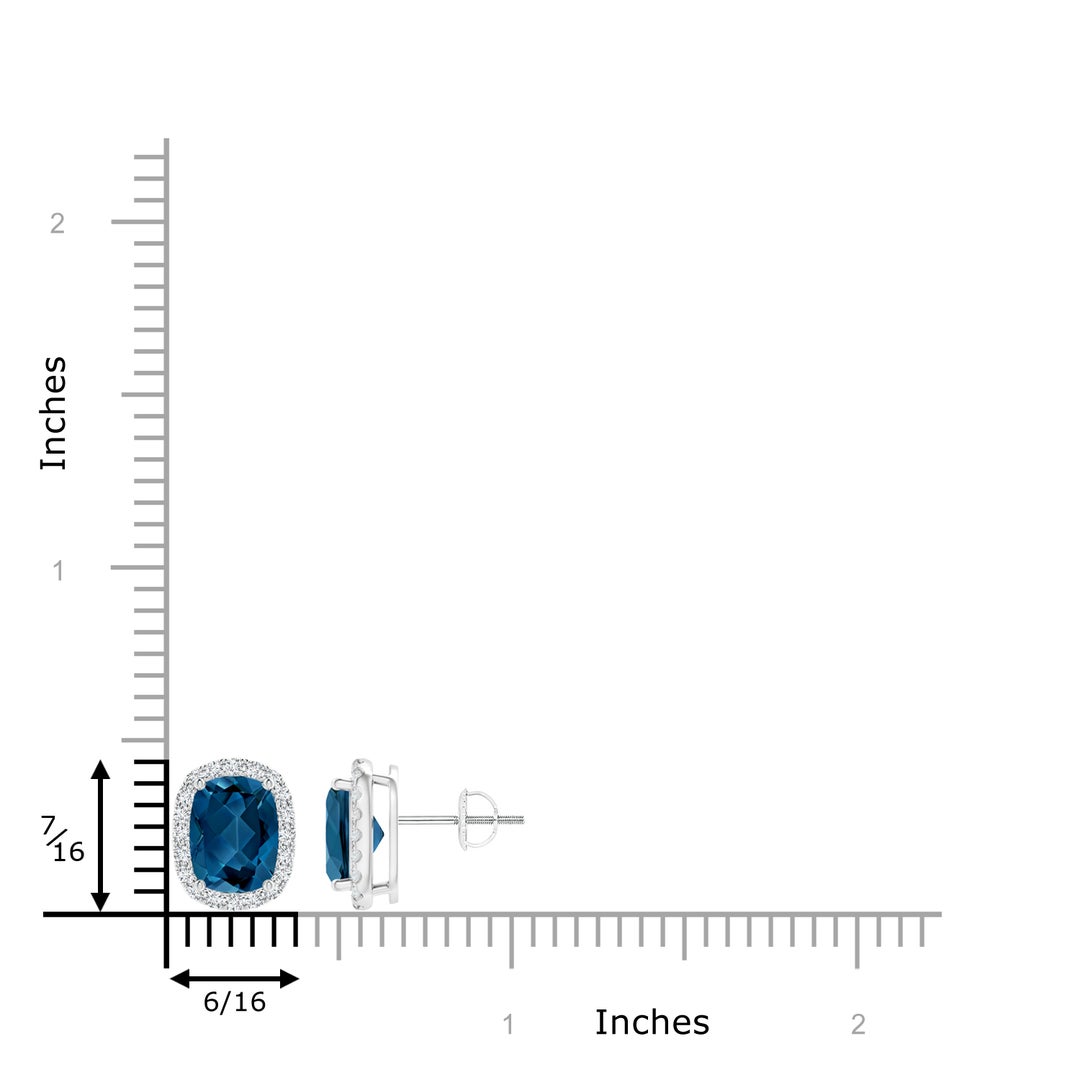 8x6mm AAA Cushion London Blue Topaz Stud Earrings with Diamond Halo in White Gold - ruler