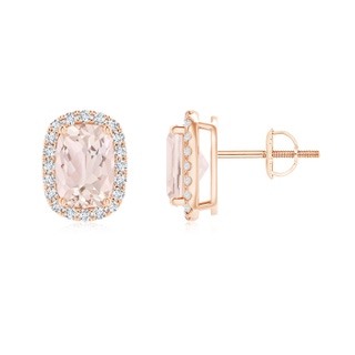 7x5mm A Cushion Morganite Stud Earrings with Diamond Halo in Rose Gold