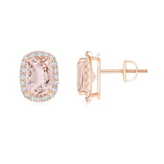 7x5mm AA Cushion Morganite Stud Earrings with Diamond Halo in Rose Gold