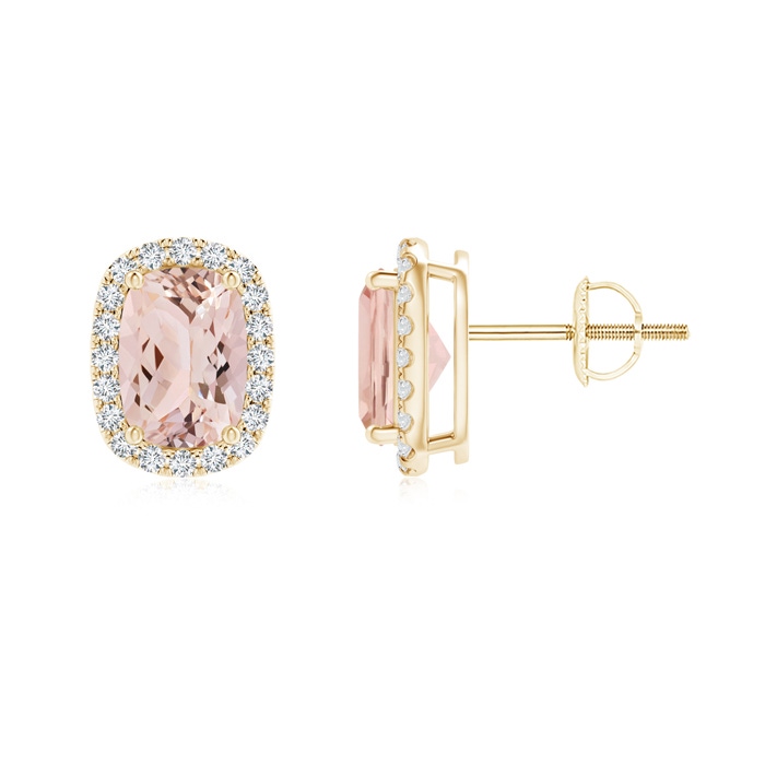 7x5mm AAA Cushion Morganite Stud Earrings with Diamond Halo in Yellow Gold