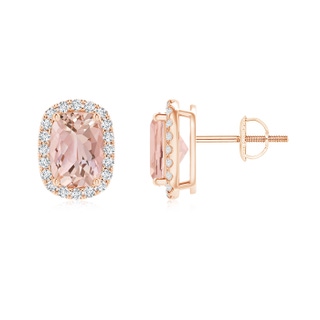 7x5mm AAAA Cushion Morganite Stud Earrings with Diamond Halo in 9K Rose Gold