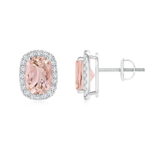 7x5mm AAAA Cushion Morganite Stud Earrings with Diamond Halo in White Gold