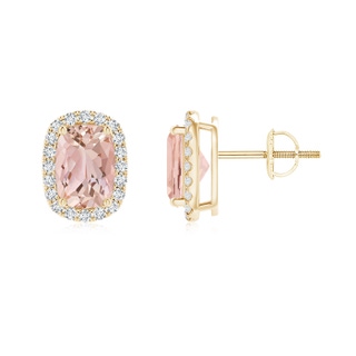 7x5mm AAAA Cushion Morganite Stud Earrings with Diamond Halo in Yellow Gold