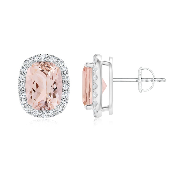 8x6mm AAA Cushion Morganite Stud Earrings with Diamond Halo in White Gold