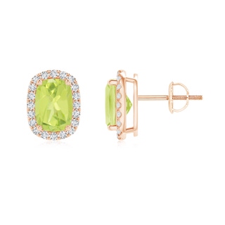 7x5mm A Cushion Peridot Stud Earrings with Diamond Halo in Rose Gold