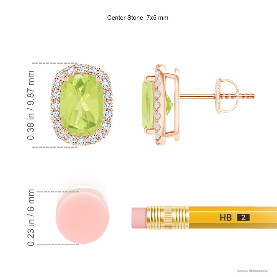 7x5mm A Cushion Peridot Stud Earrings with Diamond Halo in Rose Gold ruler