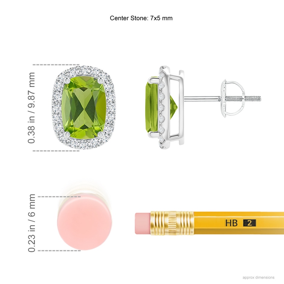 7x5mm AAA Cushion Peridot Stud Earrings with Diamond Halo in White Gold ruler