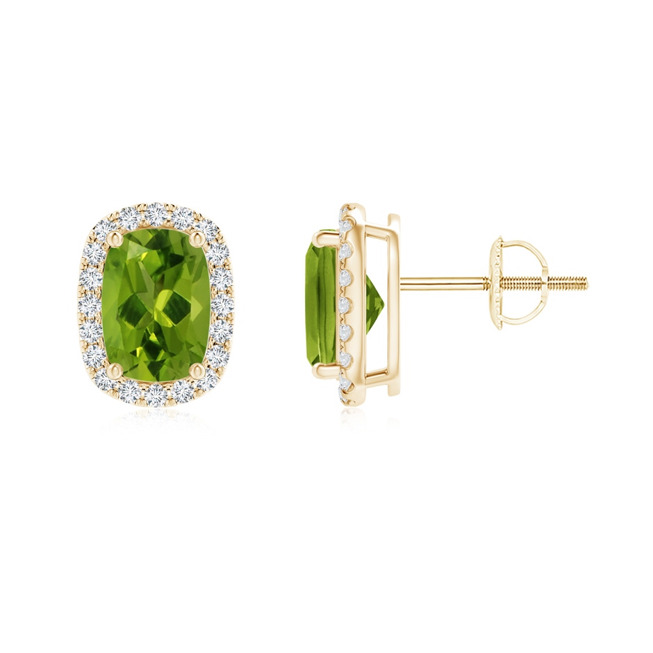7x5mm AAAA Cushion Peridot Stud Earrings with Diamond Halo in Yellow Gold 