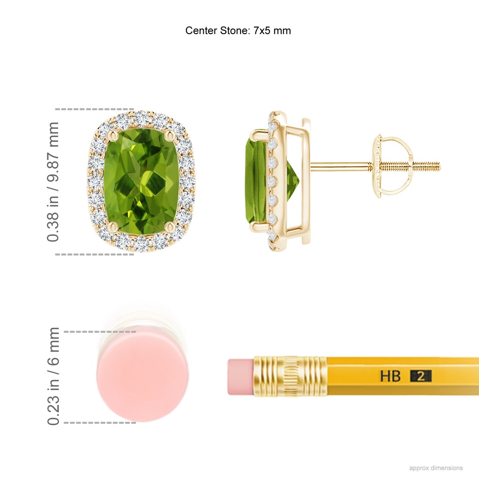 7x5mm AAAA Cushion Peridot Stud Earrings with Diamond Halo in Yellow Gold ruler