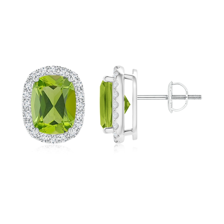 8x6mm AAA Cushion Peridot Stud Earrings with Diamond Halo in White Gold 