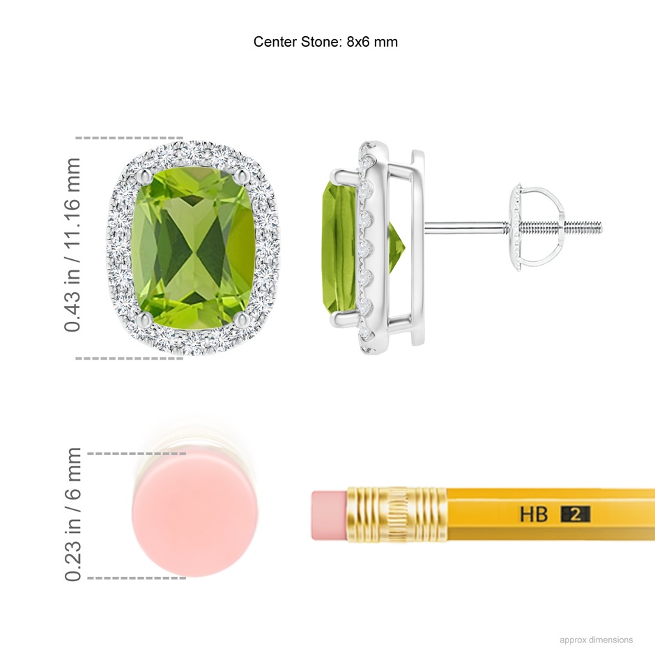 8x6mm AAA Cushion Peridot Stud Earrings with Diamond Halo in White Gold Ruler