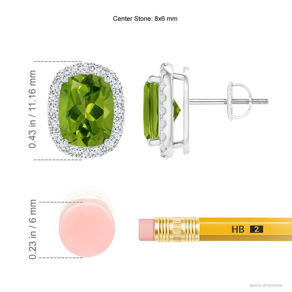 8x6mm AAAA Cushion Peridot Stud Earrings with Diamond Halo in P950 Platinum ruler