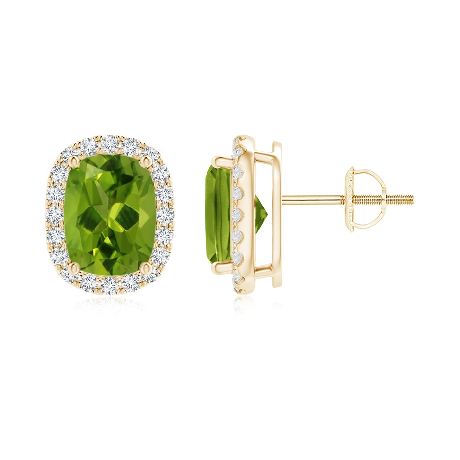 8x6mm AAAA Cushion Peridot Stud Earrings with Diamond Halo in Yellow Gold 