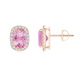 7x5mm A Cushion Pink Tourmaline Stud Earrings with Diamond Halo in Rose Gold