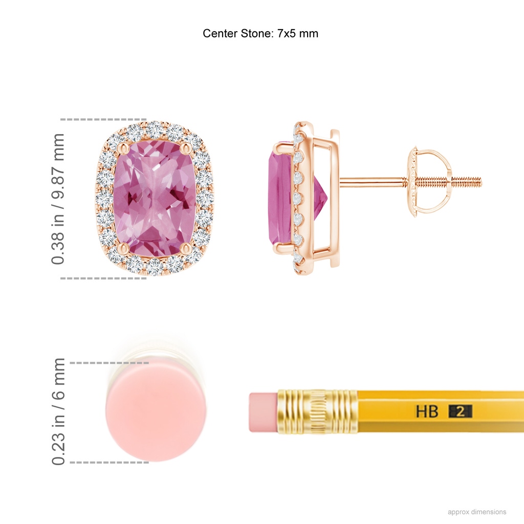 7x5mm AA Cushion Pink Tourmaline Stud Earrings with Diamond Halo in Rose Gold Ruler