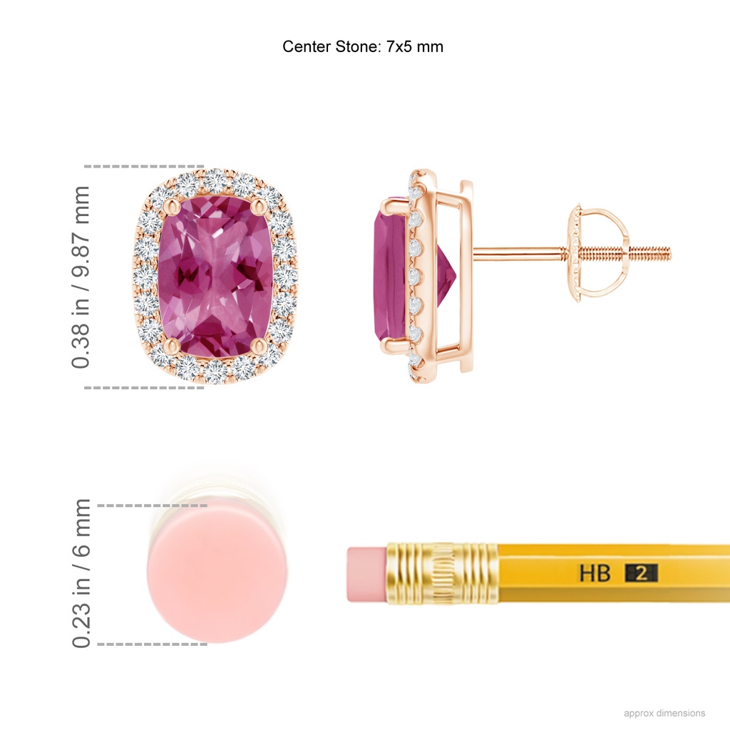 7x5mm AAAA Cushion Pink Tourmaline Stud Earrings with Diamond Halo in Rose Gold Ruler