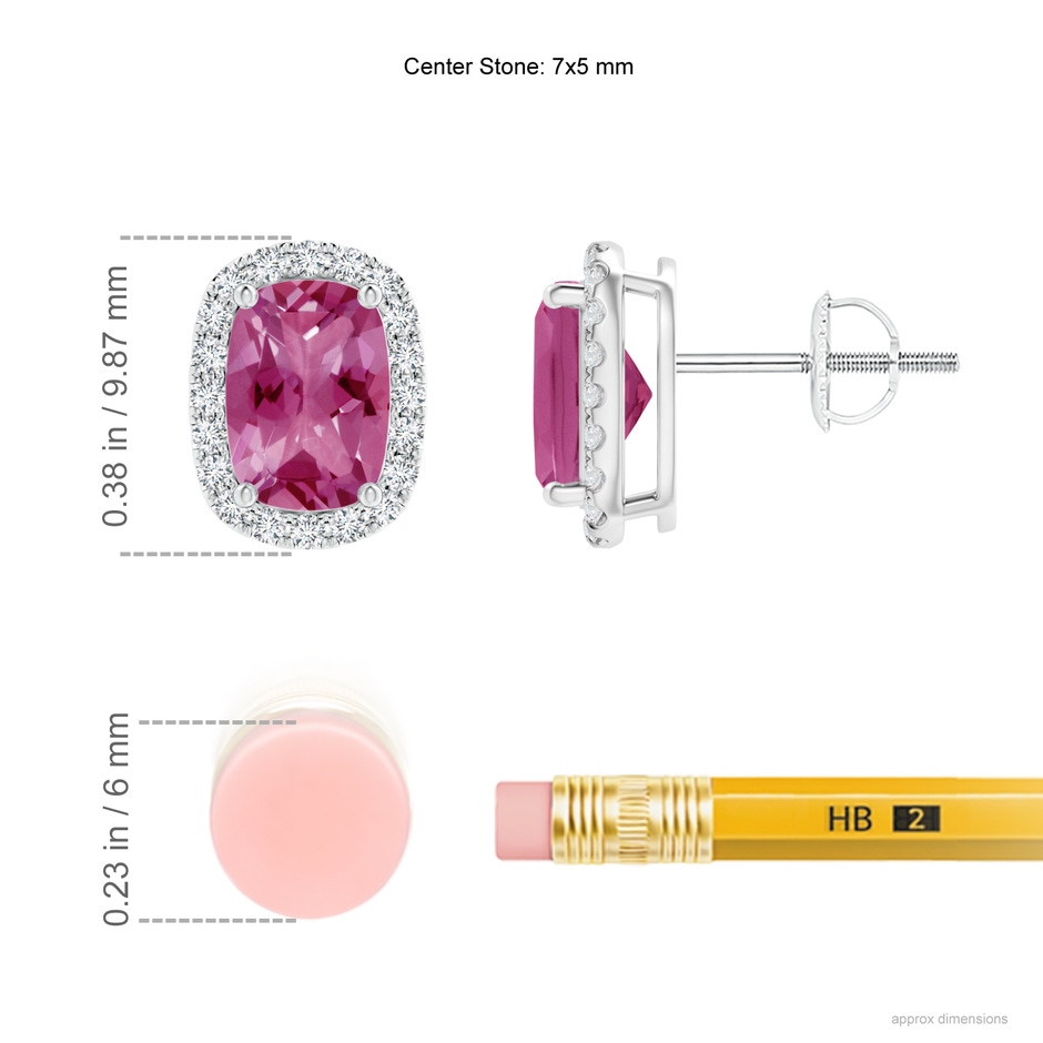 7x5mm AAAA Cushion Pink Tourmaline Stud Earrings with Diamond Halo in White Gold ruler
