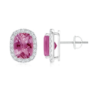 8x6mm AAA Cushion Pink Tourmaline Stud Earrings with Diamond Halo in White Gold