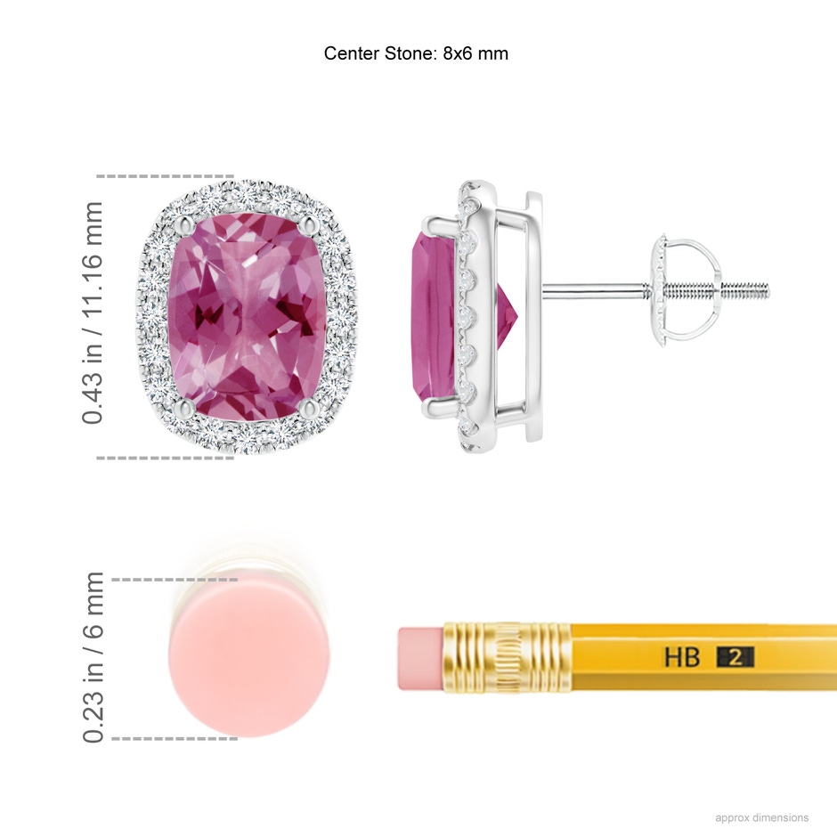 8x6mm AAA Cushion Pink Tourmaline Stud Earrings with Diamond Halo in White Gold ruler